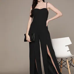 bebe Women Black Solid Future Glam High Slit BasicJumpsuit-picture-28