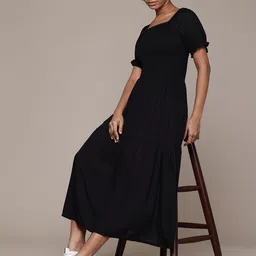 Roadster Puff Sleeves Square Neck Smocked Fit & Flare Midi Dress-image-23