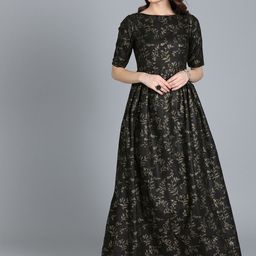 Ethnovog Women Black  Gold Printed Made to Measure Maxi Dress-19