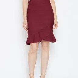 Bitterlime Women Burgundy Solid Ruffled Pencil Skirt-image-74