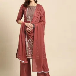 Sangria Ethnic Motifs Printed Sequinned Chanderi Cotton Kurta with Palazzos & Dupatta-9