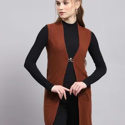 Monte Carlo Collarless Ribbed Front Open Longline Cardigan Sweater Comes With A Brooch-5