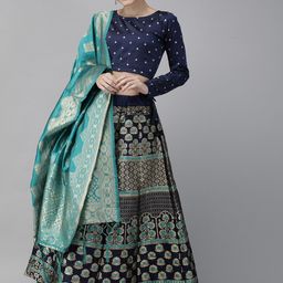 DIVASTRI Navy Blue & Green Woven Design Semi-Stitched Lehenga & Unstitched Blouse with Dupatta-image-80
