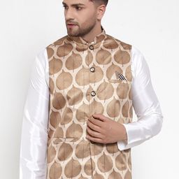 Jompers Men Brown & off- White Printed Nehru Jacket-26