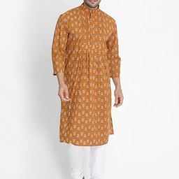 VASTRAMAY Men Mustard Yellow Printed Kurta with Pyjamas-picture-17