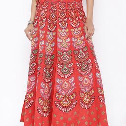 SOUNDARYA Coral Orange Ethnic Print Wrap-Around Maxi Skirt-image-56