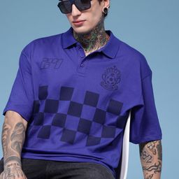 HERE&NOW Checked Polo Collar Pure Cotton Oversized Longline T-shirt-image-44