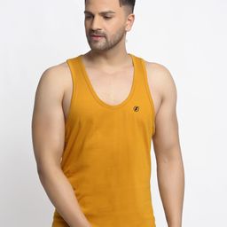 Friskers Men Mustard Solid Cotton Gym Vest-image-114