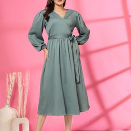 plusS Women V-Neck Wrap Midi Dress-image-93