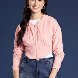 Mast & Harbour Solid Cropped Drop-Shoulder Sleeves Hooded Sweatshirt-image-49