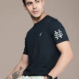 Nautica Men Navy Blue Printed Pure Cotton T-shirt-picture-9