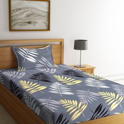 KLOTTHE Grey & Yellow Floral Printed 300 TC Single Bedsheet With 1 Pillow Cover-18