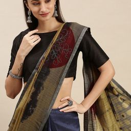 RACHNA Navy Blue & Beige Embroidered Embellished Abstract Printed Saree with Blouse-1