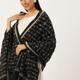 ArtEastri Black Ethnic Motifs Embroidered Pure Cotton Dupatta with Kantha Work-image-5