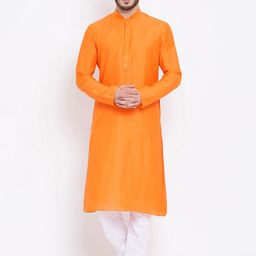 NAMASKAR Men Orange & White Solid Kurta with Churidar-image-28