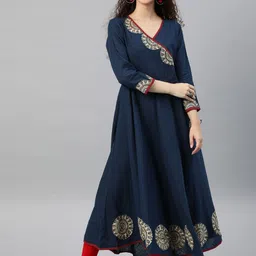 YASH GALLERY Women Navy Blue Pachwork Detail Angrakha A-Line Kurta-image-69
