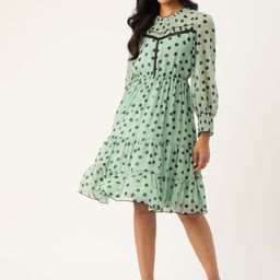 Antheaa Women Sea Green & Black Polka Dot Printed A-Line Dress-image-57