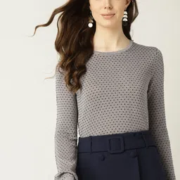 MANGO Women Grey & Navy Blue Shimmered Self Design Sweater-image-54