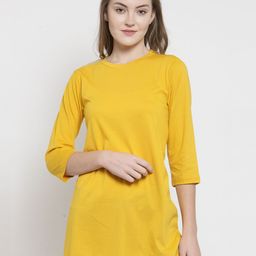 Kalt Women Yellow Solid Longline Round Neck T-shirt-image-75