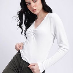 glitchez Simply Stated Ruched Detail V-Neck Fitted Top-image-25