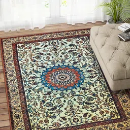 Status Cream-Coloured & Navy BluePrinted Nylon Vintage Persian Anti-Skid Carpet-15
