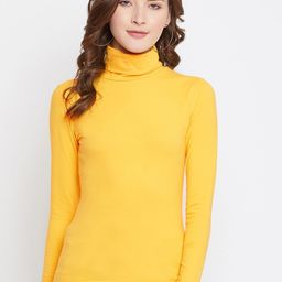 Hypernation Women Yellow Solid High Neck T-shirt-image-4