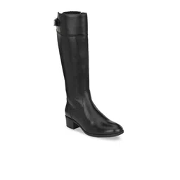 Delize Women Black Solid Leather High-Top Memory Foam Flat Boots-36