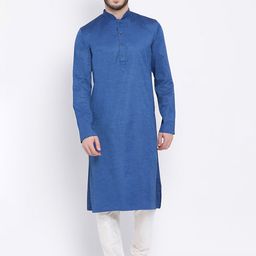 NAMASKAR Men Blue & Off-White Self Design Kurta with Churidar-image-77