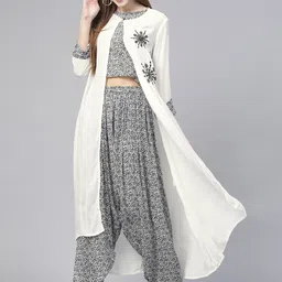 Pannkh Women White & Black Solid Top with Dhoti Pants and Jacket-picture-25