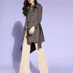 Style Quotient Women Grey Solid Double Breasted Trench Coat-image-6