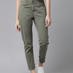 The Roadster Lifestyle Co Women Olive Green Slim Fit Solid Flayed Hem Chinos-image-74