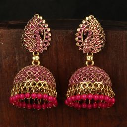 ANIKAS CREATION Magenta & Gold-Plated Dome Shaped Jhumkas-17