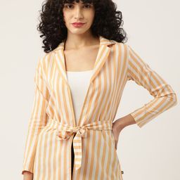 FABNEST Women Yellow & White Striped Spread Collar Coat-image-13