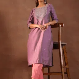 Libas Women Floral Embroidered Round Neck Silk Straight Kurta-picture-12