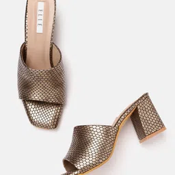 ELLE Gold-Toned & Black Snakeskin Textured Block Heels-8