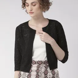 Style Quotient Women Black Self Design Open Front Crop Shrug-6