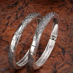Anouk Women Silver-Toned German Silver Peacock Design Oxidised Kada Bangles-11
