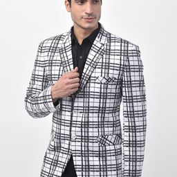 LUXURAZI Men White & Black Checked Single-Breasted Tailored Fit Blazer-54