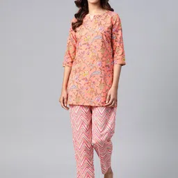 Anubhutee Women Coral Pink & Yellow Pure Cotton Printed Night suit-image-26