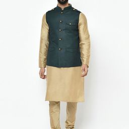 KISAH Men Beige & Green Solid Kurta with Churidar & Nehru Jacket-picture-38