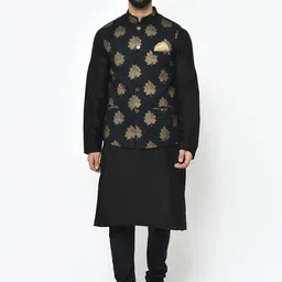KISAH Men Black & Gold-Toned Solid Kurta with Pyjamas With Jacket-image-21