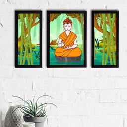 eCraftIndia Set Of 3 Green & Orange Meditating Lord Buddha Wall Paintings-15