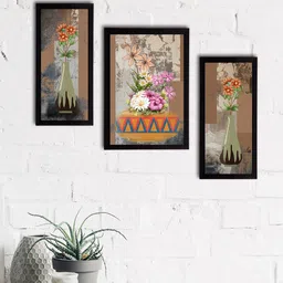 eCraftIndia Set of 3 Brown & Orange Botanical & Floral Satin Matt Textured UV Wall Paintings-14