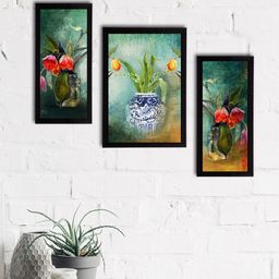 eCraftIndia Set of 3 Green & Orange Botanical & Floral Satin Matt Textured UV Wall Paintings-image-69