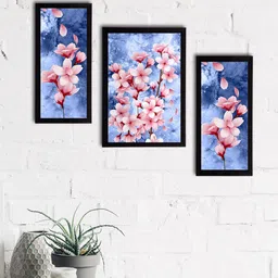 eCraftIndia Set of 3 Blue & Pink Satin Matt Texture Floral UV Wall Art-7