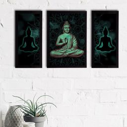 eCraftIndia Set Of 3 Black & Green Meditating Lord Buddha Wall Paintings-8