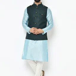 KISAH Men Blue & White Solid Kurta with Pyjamas & Nehru Jacket-picture-16