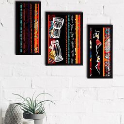 eCraftIndia Set of 3 Black & Orange Tribal Theme Satin Matt Textured UV Wall Art-13