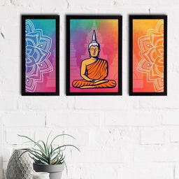 eCraftIndia Set of 3 Orange & Purple Meditating Lord Buddha Satin Matt Textured UV Wall Paintings-image-3