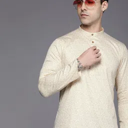 Manyavar Men Cream-Coloured Floral Printed Short Kurta-2